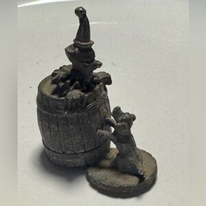 Small Vintage Pewter Circus Clown  Figurine in Barrel Playing With Puppy